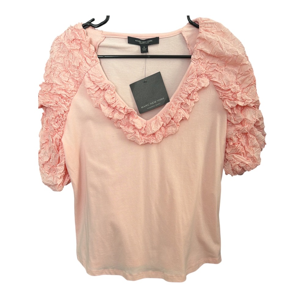 Marc New York Womens Ruffle‎ V-Neck Puff Textured Sleeve Top Peach Pink NWT